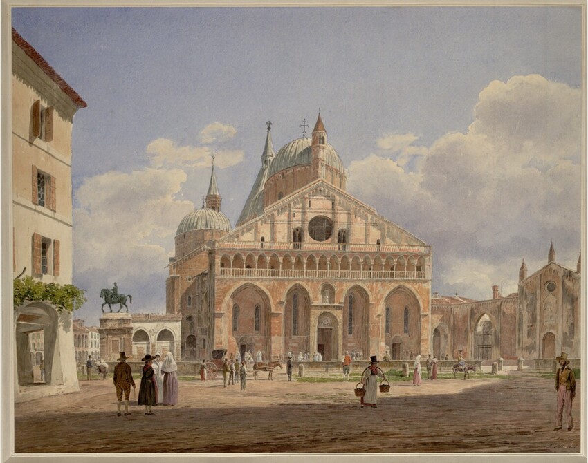 Rudolf von Alt (Wien 1812 - 1905 Wien) | Die Sankt Antonius Kirche in Padua (Guckkastenblatt) | Displayed motifs: Building, Window, Tree, 