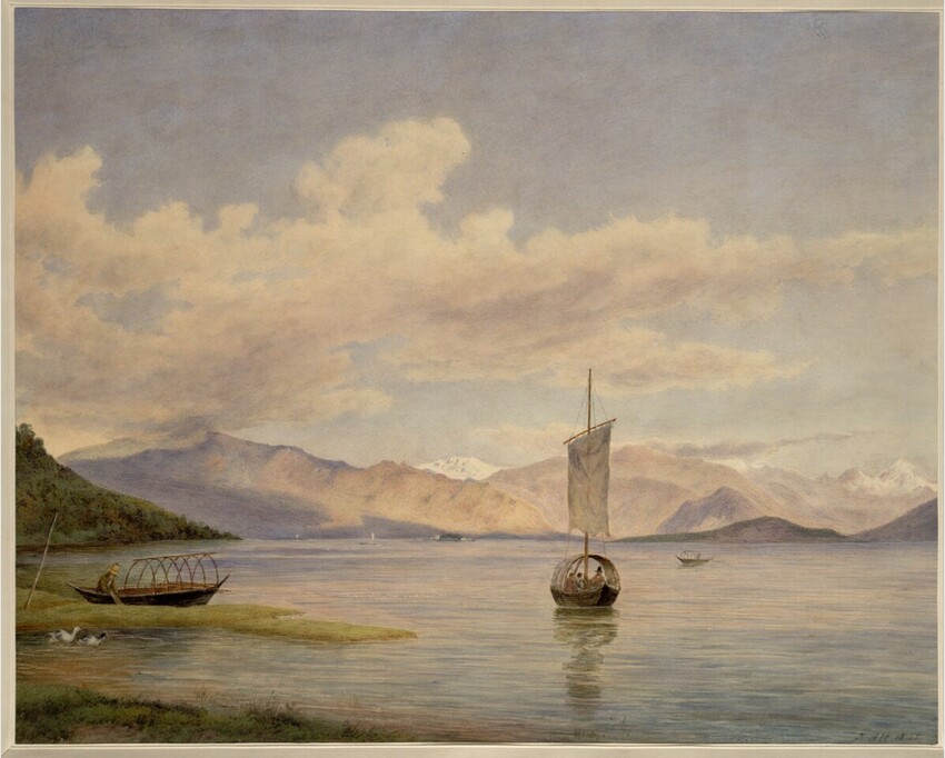 Jakob Alt (Frankfurt am Main 1789 - 1872 Wien) | Ansicht von Laveno am Lago Maggiore gegen den Monte Rosa und Simplon (Guckkastenblatt) | Displayed motifs: Boat, Vehicle, 