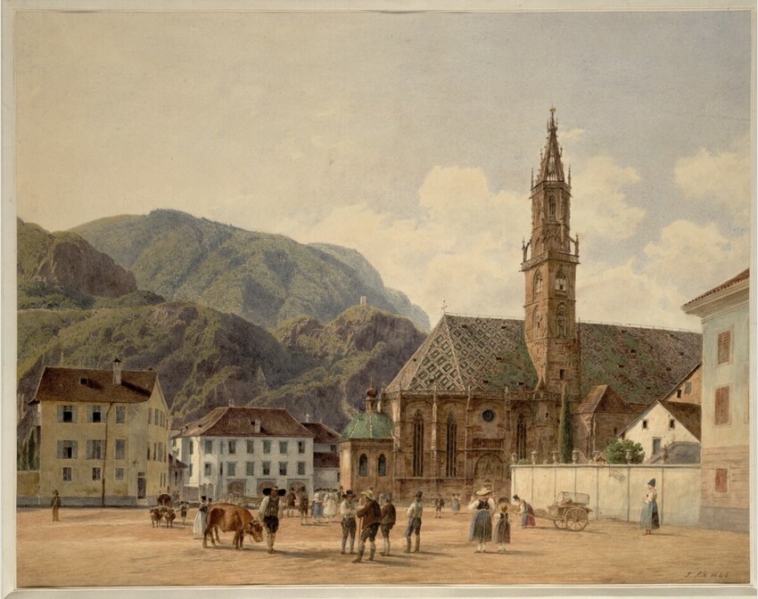 Rudolf von Alt (Wien 1812 - 1905 Wien) | Die Pfarrkirche in Bozen (Guckkastenblatt) | Displayed motifs: Building, Tower, House, 