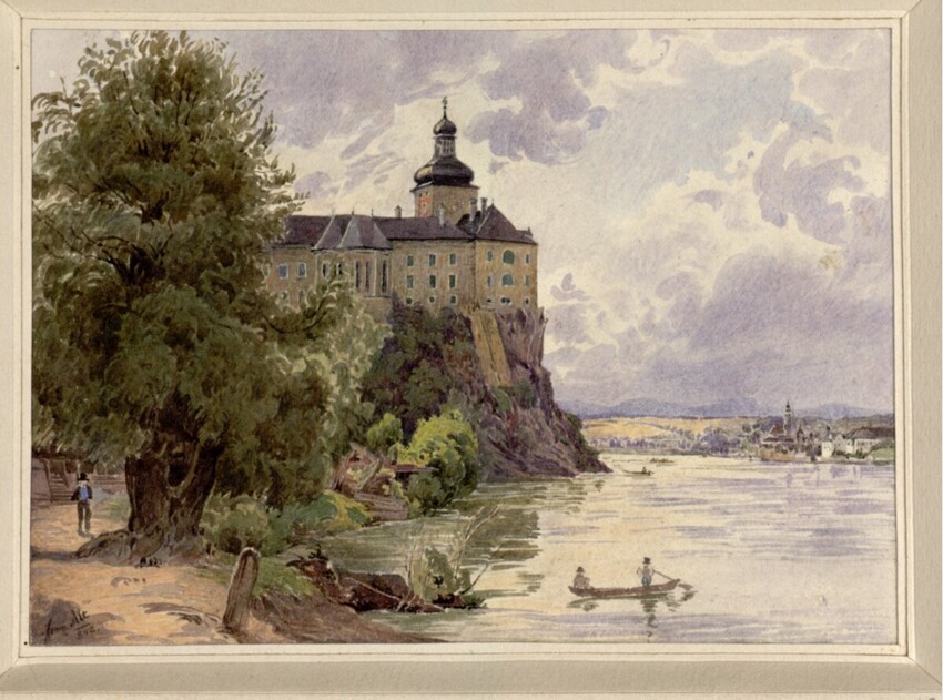 Franz Alt (Wien 1821 - 1914 Wien) | Persenbeug (Guckkastenblatt) | Displayed motifs: Tree, Vehicle, Tower, Castle, Building, Putto, 