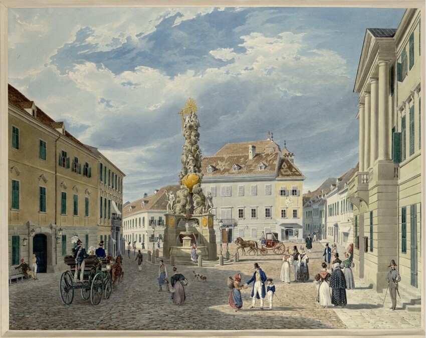 Eduard Gurk (Wien 1801 - 1841 Jerusalem) | Der Hauptplatz mit dem Ferdinandsbrunnen in Baden bei Wien (Guckkastenblatt) | Displayed motifs: Building, Land vehicle, Person, Wheel, Window, 