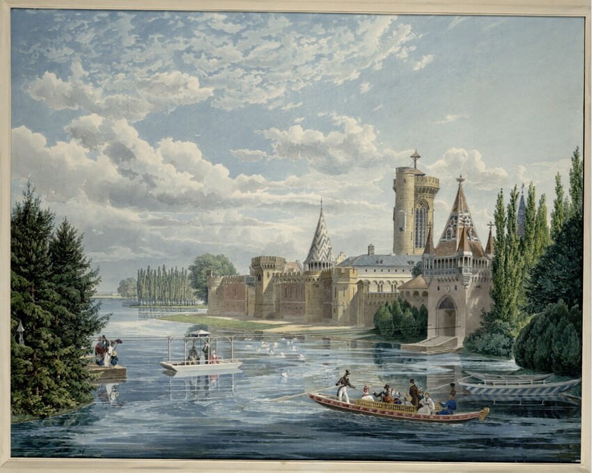 Eduard Gurk (Wien 1801 - 1841 Jerusalem) | Die Franzensburg in Laxenburg bei Wien (Guckkastenblatt) | Displayed motifs: Boat, Tree, Tower, Building, Castle, 