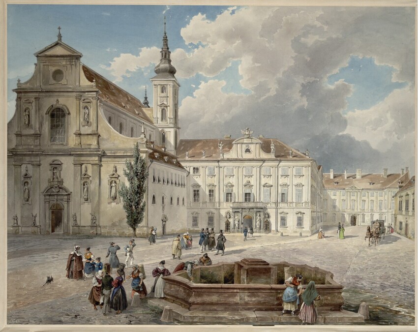 Eduard Gurk (Wien 1801 - 1841 Jerusalem) | St. Thomaskirche und das Gubernialgebäude in Brünn (Guckkastenblatt) | Displayed motifs: Building, Tree, Tower, Person, 