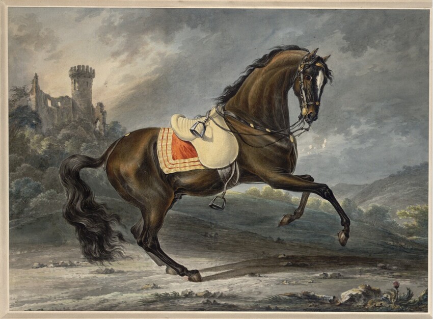 Johann Nepomuk Höchle (München 1790 - 1835 Wien) | Gesattelter Brauner im Hintergrund Ritterburg | Displayed motifs: Horse, Dog, Latin cross, 