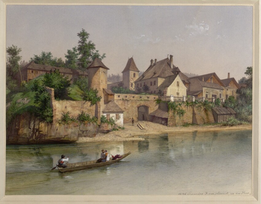 Leander Russ (Wien 1809 - 1864 Kaltenleutgeben) | Bruck an der Mur (Guckkastenblatt) | Displayed motifs: Tree, Boat, Canoe, House, Person, 