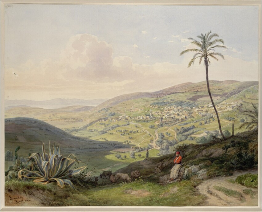 Leander Russ (Wien 1809 - 1864 Kaltenleutgeben) | Blick auf Betlehem (Guckkastenblatt) | Displayed motifs: Palm tree, Plant, Tree, 