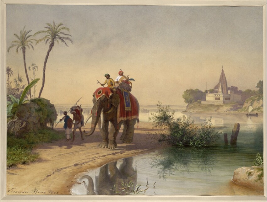 Leander Russ (Wien 1809 - 1864 Kaltenleutgeben) | Indien (Guckkastenblatt) | Displayed motifs: Palm tree, Person, Tree, Plant, Animal, 