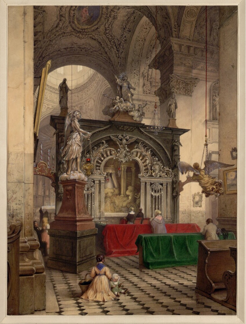 Leander Russ (Wien 1809 - 1864 Kaltenleutgeben) | Besuch Kaiser Ferdinands und der Kaiserin Maria Anna in der Kirche zu Maria Zell (Guckkastenblatt) | Displayed motifs: Building, Table, Clothing, Person, Furniture, Veil, 