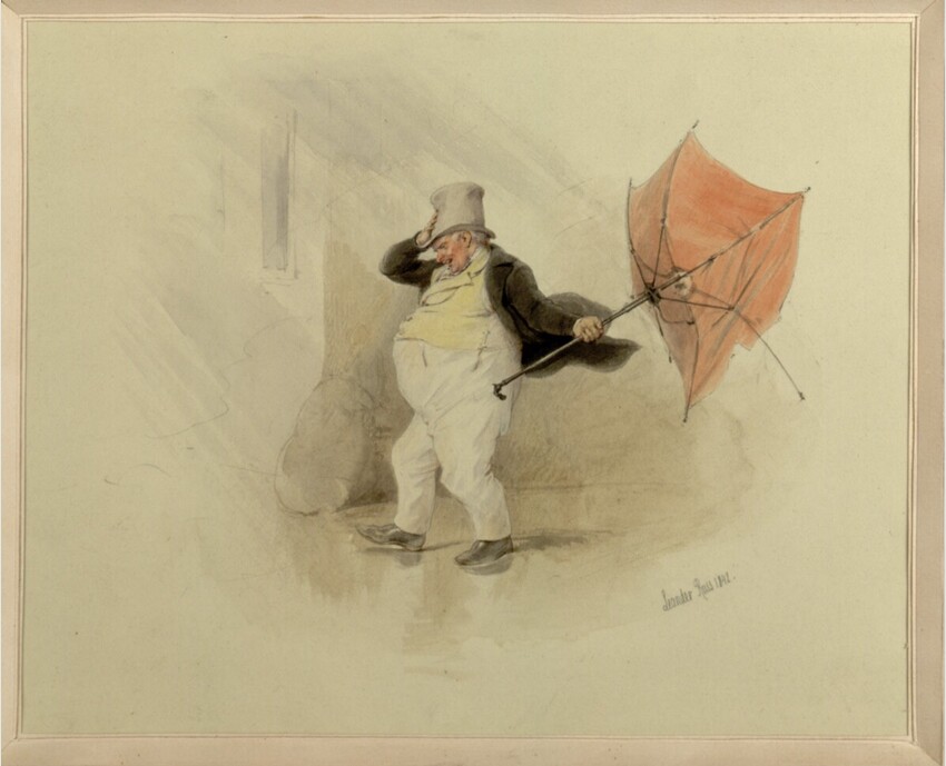 Leander Russ (Wien 1809 - 1864 Kaltenleutgeben) | Windfatalitäten (Guckkastenblatt) | Displayed motifs: Umbrella, Person, Footwear, Clothing, Latin cross, Coat of arms, 