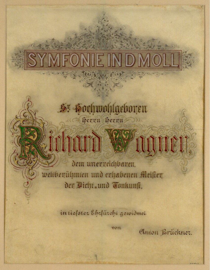 Joseph Maria Kaiser (Kremsmünster 1824 - 1893 Linz) | Dedikationsblatt Anton Bruckners zu seiner 3. Symphonie in d-moll an Richard Wagner | Displayed motifs: Book, Coat of arms, 