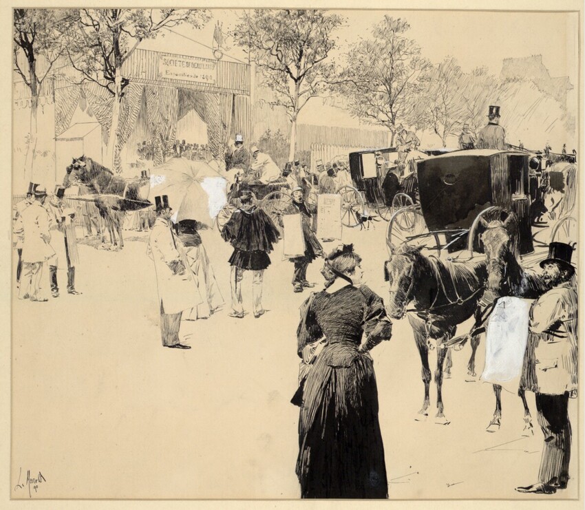 Luděk Marold (Prag 1865 - 1898 Prag) | Entrée au champs decors | Displayed motifs: Woman, Dress, Clothing, Tree, Horse, Mule, Footwear, 