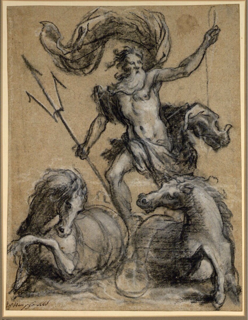 Hans Ulrich Franck (Kaufbeuren um 1590/95 - 1675 Augsburg) | Neptun auf Seepferden | Displayed motifs: Angel, Person, Human face, White dove, Lion, Wound, Animal, 