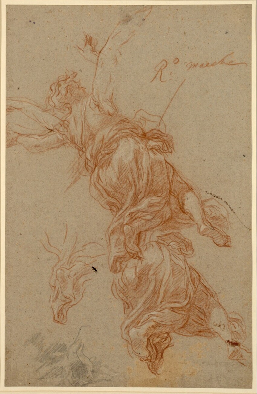 Baldassare Franceschini, gen. il Volterrano (Volterra 1611 - 1698 Florenz) | Studienblatt. Liegender Engel in Rückenansicht; Studie des Gewandes dieser Figur | Displayed motifs: Animal, Angel, Mammal, 