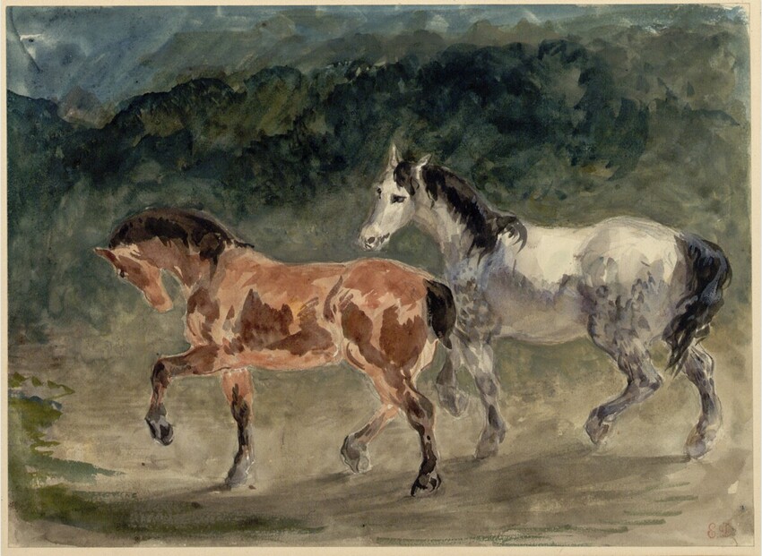 Eugène Delacroix (Charenton 1798 - 1863 Paris) | Brauner und Falbe, nach links trabend | Displayed motifs: Horse, Cattle, 