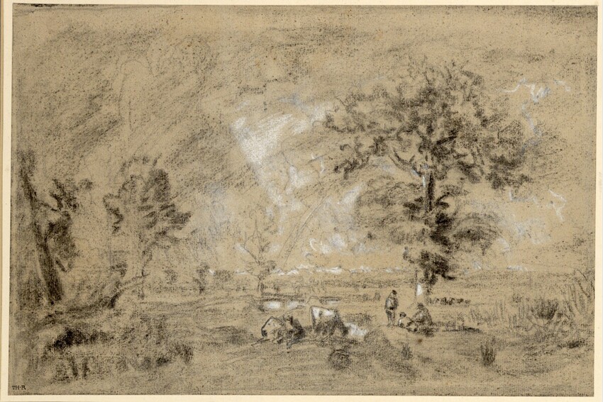 Théodore Rousseau (Paris 1812 - 1867 Barbizon) | Weidelandschaft mit Kuhherde in den Landes (?) | Displayed motifs: Tree, Vehicle, Person, Latin cross, 
