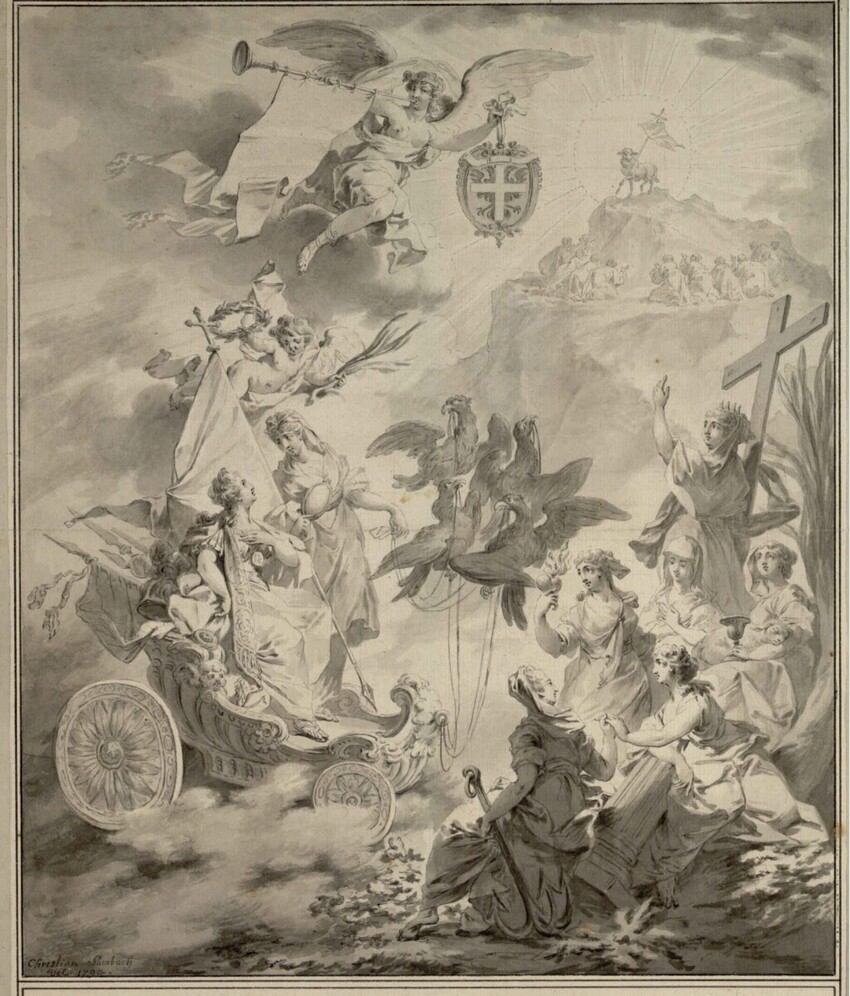 Johann Christian Sambach (Wien 1761 - 1797/99 Wien) | Promotionsblatt des Sternkreuzordens | Displayed motifs: Angel, Coat of arms, Person, White dove, Latin cross, 