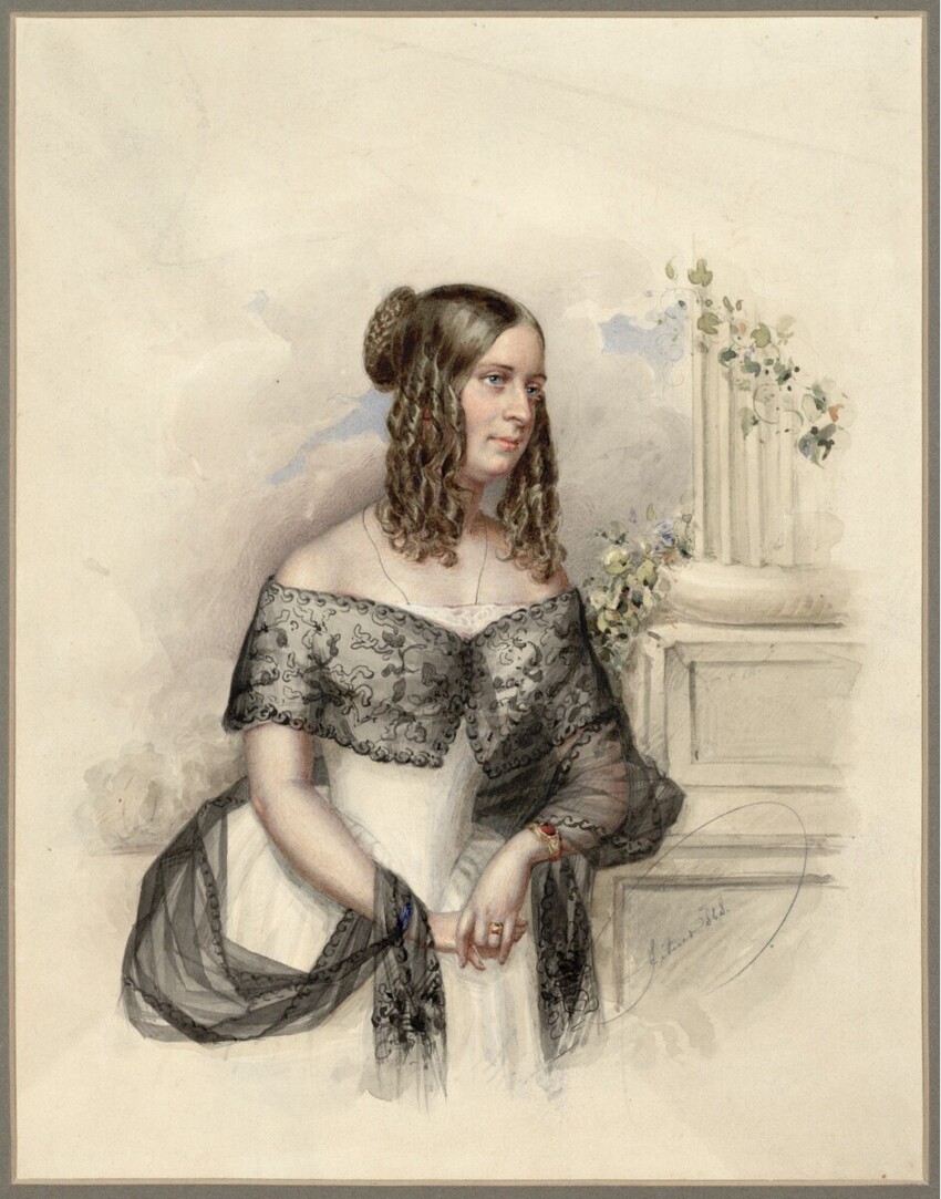 Fitner | Porträt Frau Albertine Winter geborene Klepecker | Displayed motifs: Dress, Woman, Human face, Veil, Human hair, 