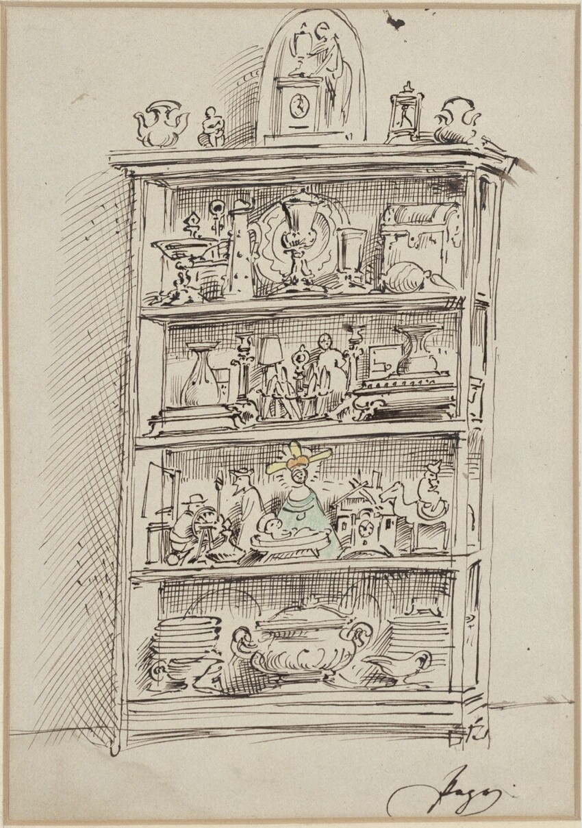 Moritz von Schwind (Wien 1804 - 1871 Niederpöcking/München) | Entwurf für einen Glaskasten | Displayed motifs: Furniture, Clothing, Coat of arms, Shelf, 