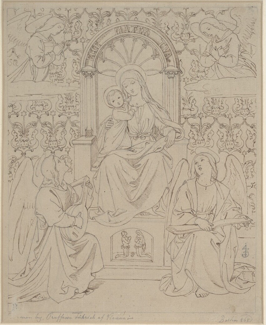 Josef von Führich (Kratzau 1800 - 1876 Wien) | Maria mit zwei Laute spielenden Engeln | Displayed motifs: Angel, Halo, Madonna, Clothing, Human face, Person, Woman, 