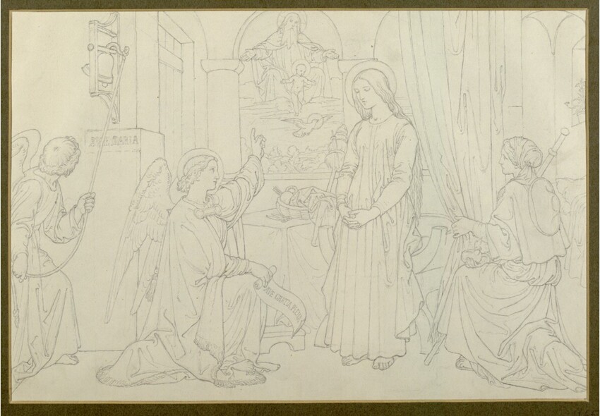Josef von Führich (Kratzau 1800 - 1876 Wien) | Verkündigung | Displayed motifs: Angel, Clothing, Halo, Person, Human face, Latin cross, Veil, 