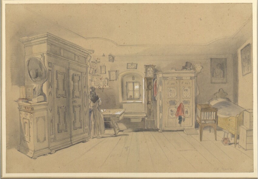 Alexander Kaiser (Graz 1819 - 1872 Graz) | Interieur | Displayed motifs: Building, Chair, Clothing, Table, Door, Person, Coat of arms, 