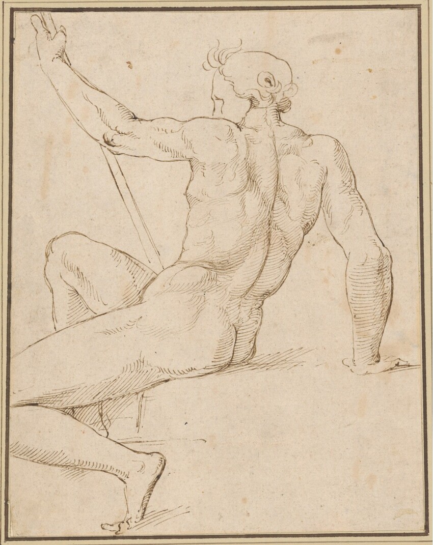 Raffaello Santi (Urbino 1483 - 1520 Rom) | Männlicher sitzender Akt in Rückenansicht | Displayed motifs: Putto, Person, Footwear, Human face, Man, Human head, 