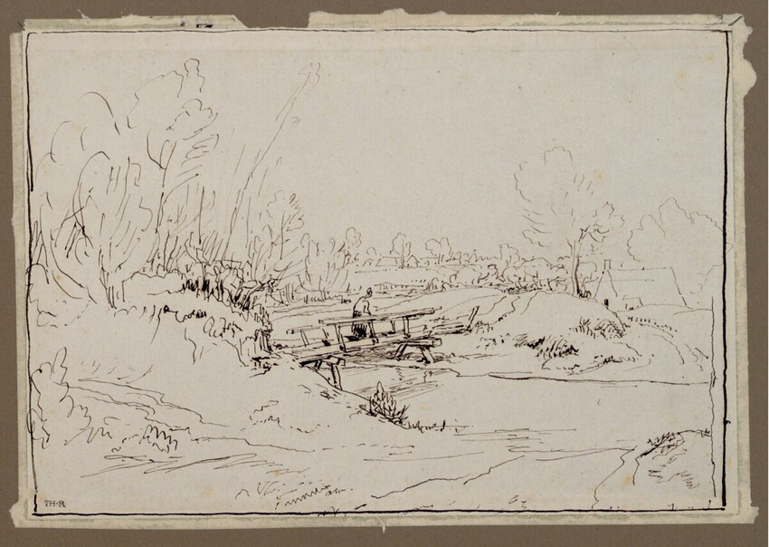 Théodore Rousseau (Paris 1812 - 1867 Barbizon) | Flusslandschaft mit kleiner Holzbrücke und Spaziergängerin | Displayed motifs: Tree, Book, Plant, Bench, 