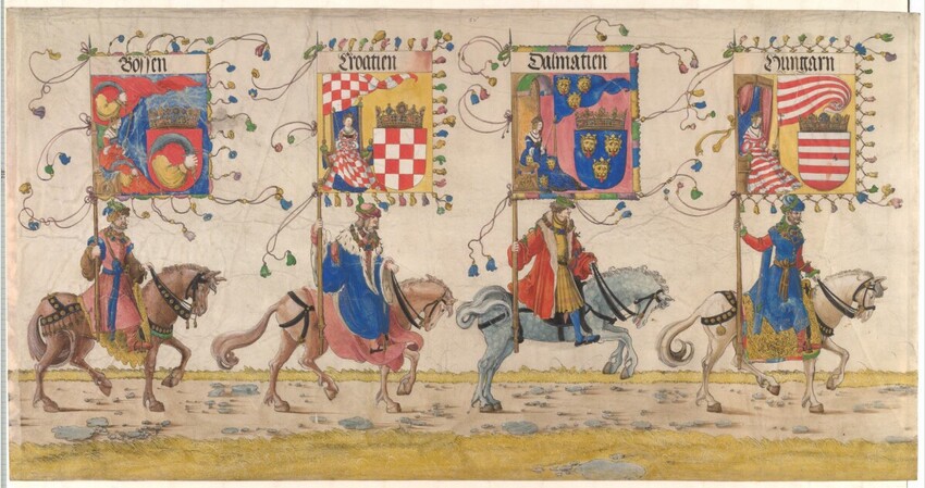 Albrecht Altdorfer (Deutschland, 1480 - 1538) | Triumphzug Kaiser Maximilians I.: Reitende Bannerträger von Ungarn, Dalmatien, Kroatien und Bosnien | Displayed motifs: Coat of arms, Camel, Person, Horse, Clothing, White dove, 