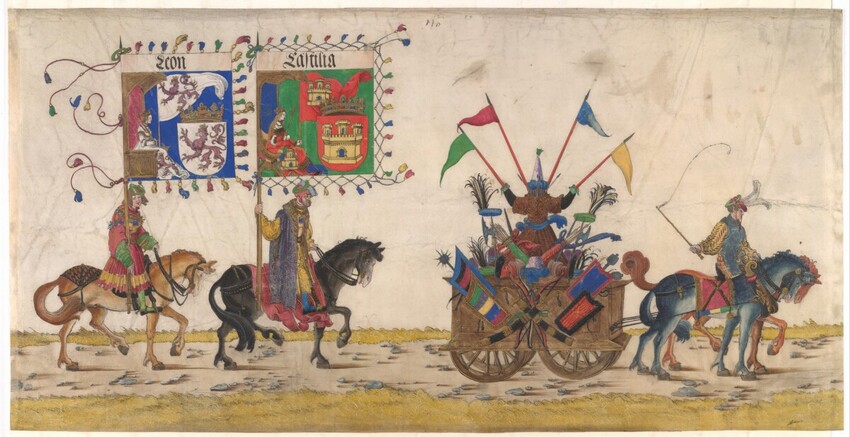 Albrecht Altdorfer (Deutschland, 1480 - 1538) | Triumphzug Kaiser Maximilians I.: Der ungarische Trophäenwagen und die reitenden Bannerträger von Kastilien und Leon | Displayed motifs: Coat of arms, Horse, Person, Camel, Land vehicle, Wheel, Animal, 