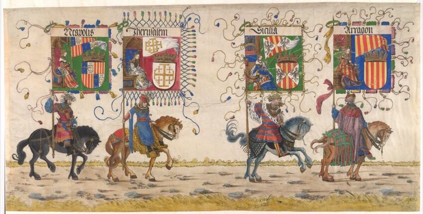 Albrecht Altdorfer (Deutschland, 1480 - 1538) | Triumphzug Kaiser Maximilians I.: Reitende Bannerträger von Aragon, Sizilien, Jerusalem und Neapel | Displayed motifs: Coat of arms, Person, Horse, Animal, Miter, 