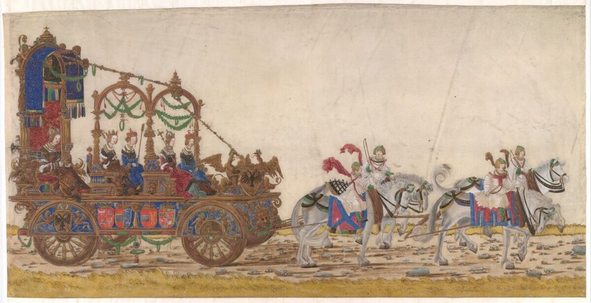 Albrecht Altdorfer (Deutschland, 1480 - 1538) | Triumphzug Kaiser Maximilians I.: Der Triumphwagen Eleonores und die Ahnfrauen Maximilians | Displayed motifs: Wheel, Land vehicle, Cart, Person, Horse, Coat of arms, Camel, 