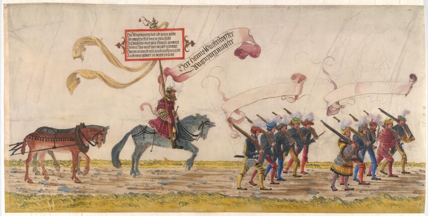 Albrecht Altdorfer (Deutschland, 1480 - 1538) | Triumphzug Kaiser Maximilians I.: Die Knechte, der Wagenburgmeister und der Beginn der Wagenburg | Displayed motifs: Person, Camel, White dove, Animal, Clothing, Horse, 