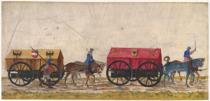 Albrecht Altdorfer (Deutschland, 1480 - 1538) | Triumphzug Kaiser Maximilians I.: Die Wagenburg | Displayed motifs: Wheel, Person, Cart, Horse, Coat of arms, Land vehicle, Mule, 