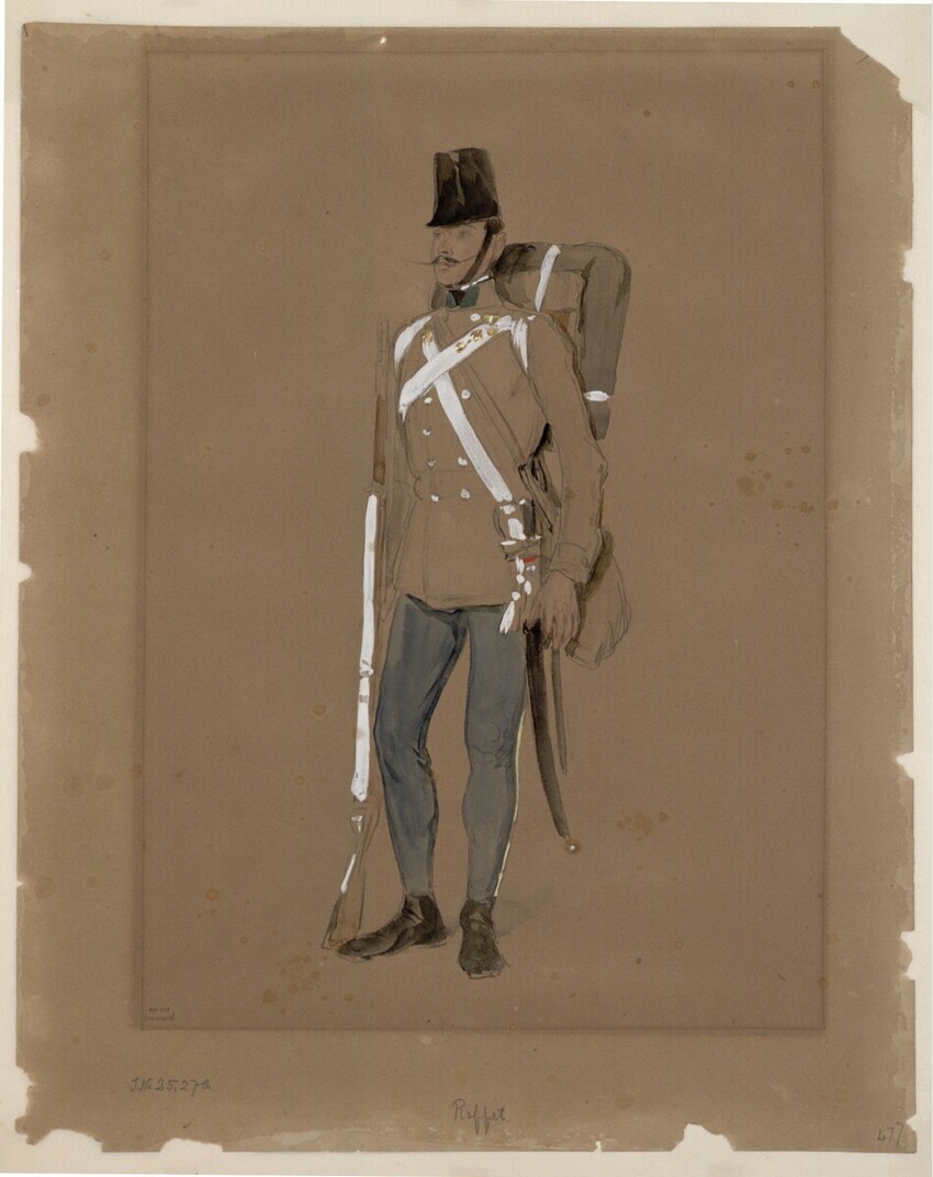 Auguste Raffet (Paris 1804 - 1860 Genua) | Infanterist des ungarischen Infanterie-Regiments " Wasa" Nr.60 in der Marschadjustierung von 1850-1861 | Displayed motifs: Miter, Coat, Footwear, Clothing, Man, Human face, Person, 
