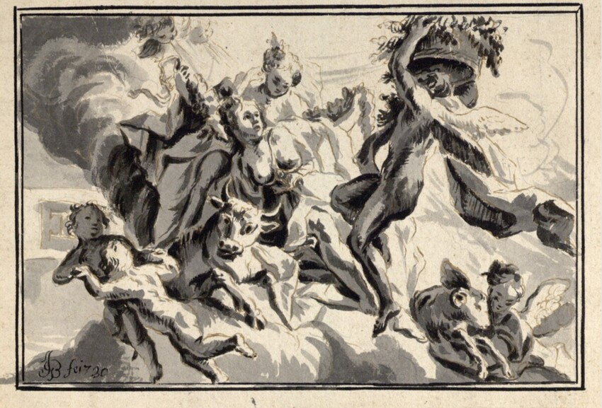After Johann Georg Bergmüller (Türkheim 1688 - 1762 Augsburg) | Der Frühling (Aus dem Jahreszeitenzyklus) | Displayed motifs: Human face, Owl, Putto, Person, Animal, Angel, 
