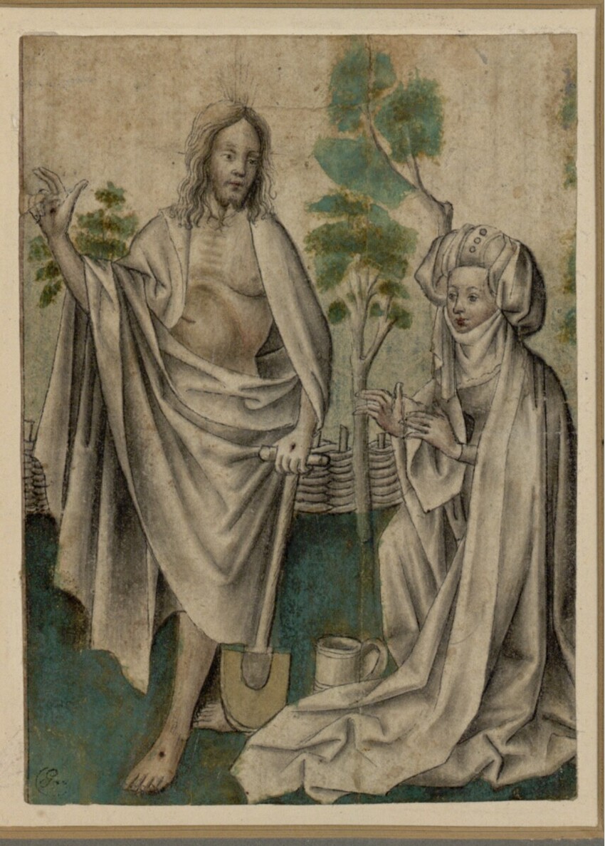 Oberrheinischer Meister | Christus als Gärtner erscheint Maria Magdalena | Displayed motifs: Wound, Veil, Halo, Human face, Clothing, Person, Woman, 