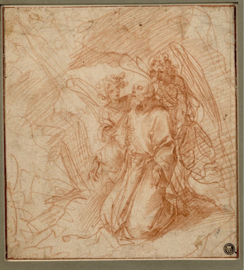 Giuseppe Cesari gen. Cavaliere d'Arpino (Arpino 1568 - 1640 Rom) | Der heilige Franziskus empfängt die Stigmata | Displayed motifs: Angel, Person, White dove, Clothing, 