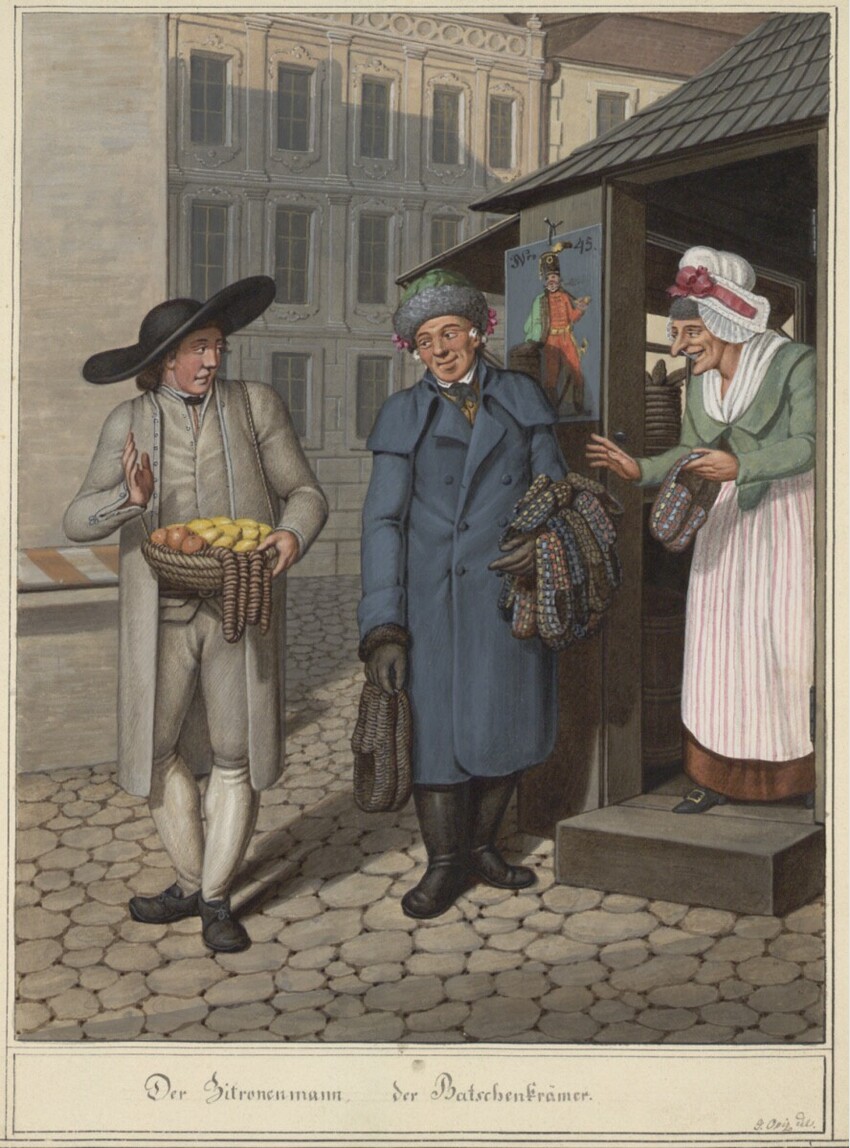 Georg Emanuel Opiz (Prag 1775 - 1841 Leipzig) | Der Zitronenmann, der Bratenkrämer | Displayed motifs: Latin cross, Coat, Man, Clothing, Footwear, 