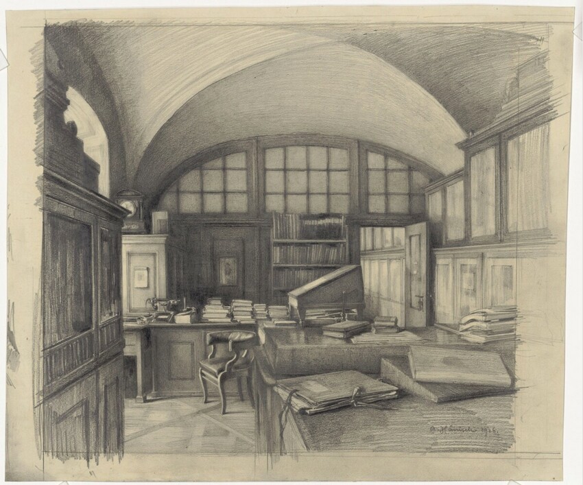 Alois Hänisch (Wien 1866 - 1937 Wien) | Dr. Josef Meders Büro in der alten Albertina | Displayed motifs: Building, Chair, Table, Door, Window, House, 