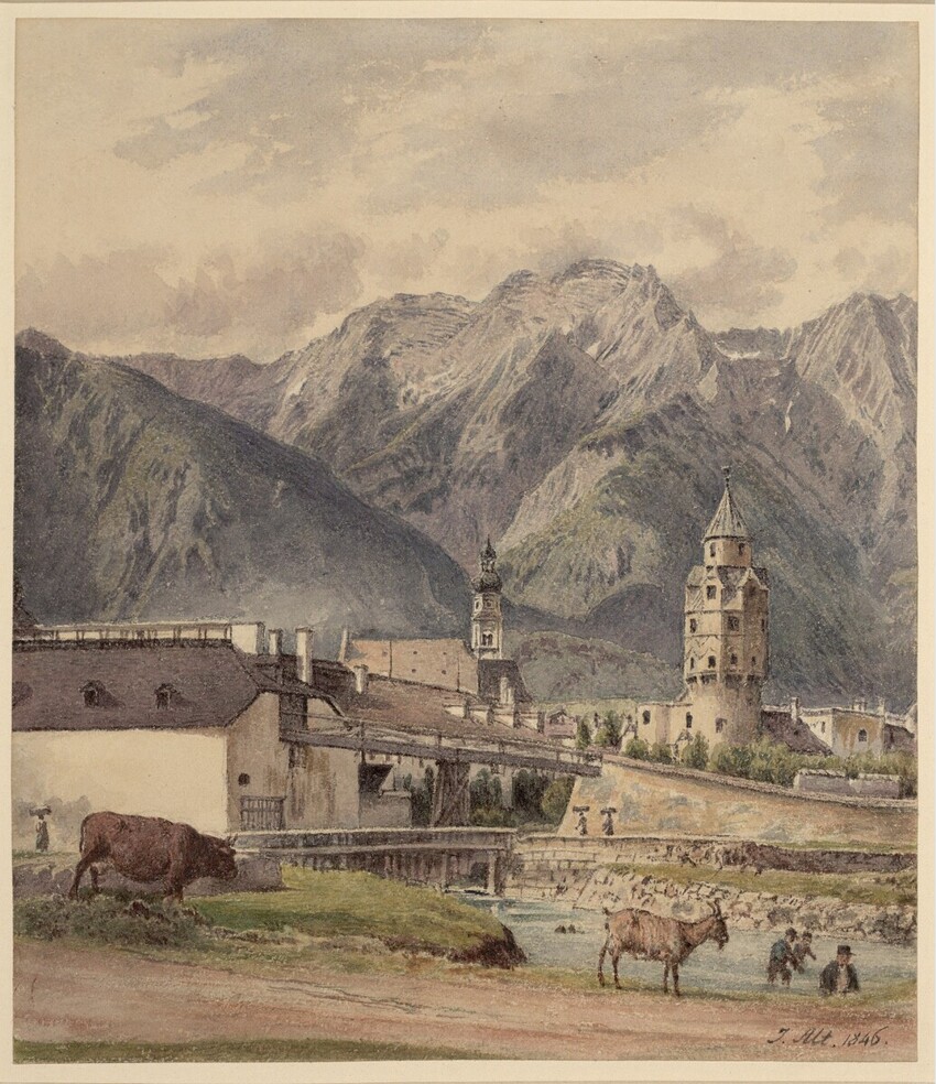 Jakob Alt (Frankfurt am Main 1789 - 1872 Wien) | Der Münzturm in Hall in Tirol | Displayed motifs: Animal, Building, Cattle, Bull, House, Tower, Person, 