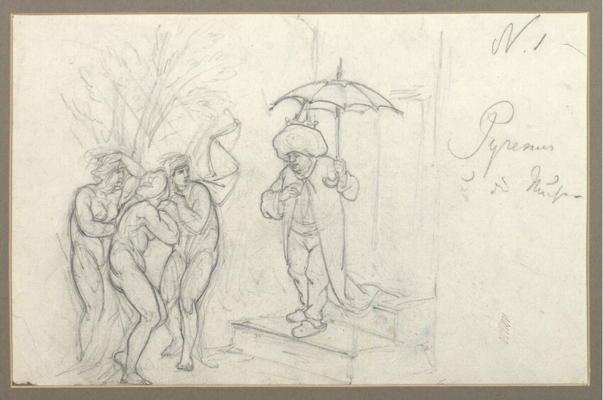 Heinrich Schöpfer (Bozen 1821 - 1899 Bozen) | Pyreneus und die Musen | Displayed motifs: Umbrella, Clothing, Person, Man, Tree, Human face, Footwear, 