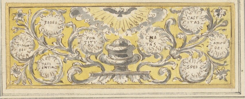 Pierre Paul Sevin (Tournon 1650 - 1710 Tournon) | Zeichnung eines Stuckornaments | Displayed motifs: White dove, Coin, 