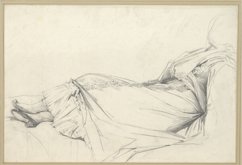 Hans Makart (Salzburg 1840 - 1884 Wien) | Studie für die liegende Julia im Gemälde "Die scheintote Julia Capulet" | Displayed motifs: Angel, Clothing, Bat, Person, 