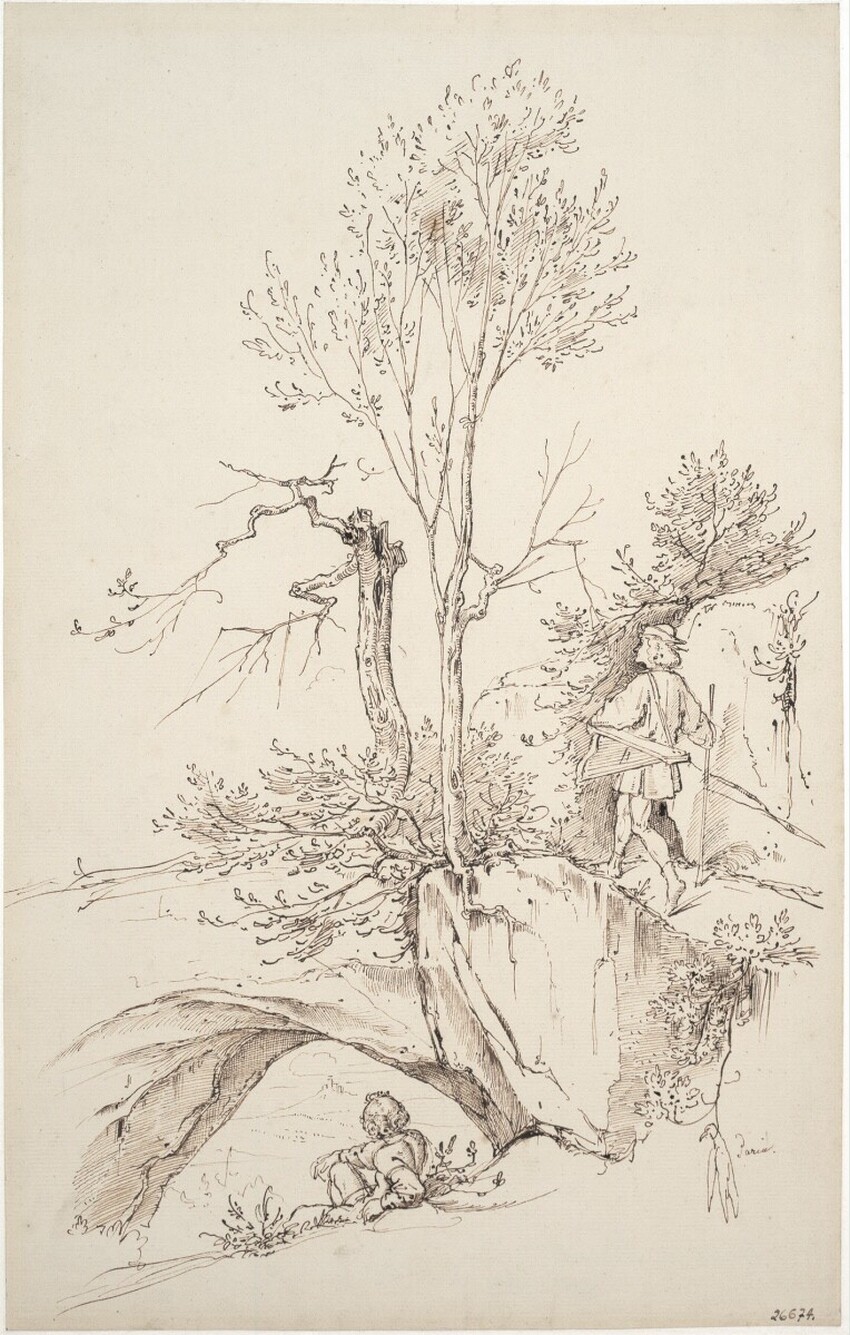 Moritz von Schwind (Wien 1804 - 1871 Niederpöcking/München) | Landschaft mit Wanderer | Displayed motifs: Tree, Clothing, Plant, Person, 