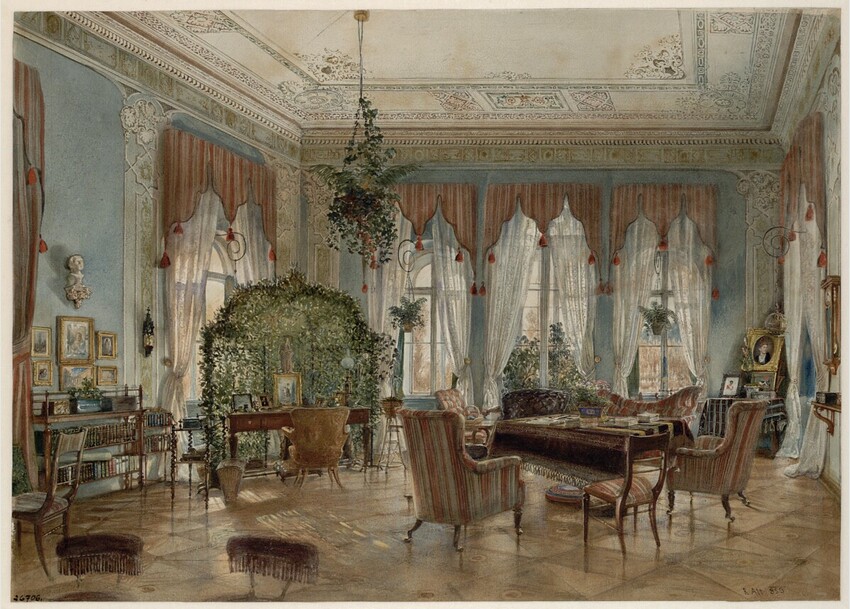 Rudolf von Alt (Wien 1812 - 1905 Wien) | Salon der Fürstin Henriette Odescalchi in Schloss Hirtenberg | Displayed motifs: Chair, Table, Building, Curtain, Furniture, Coffee table, House, 