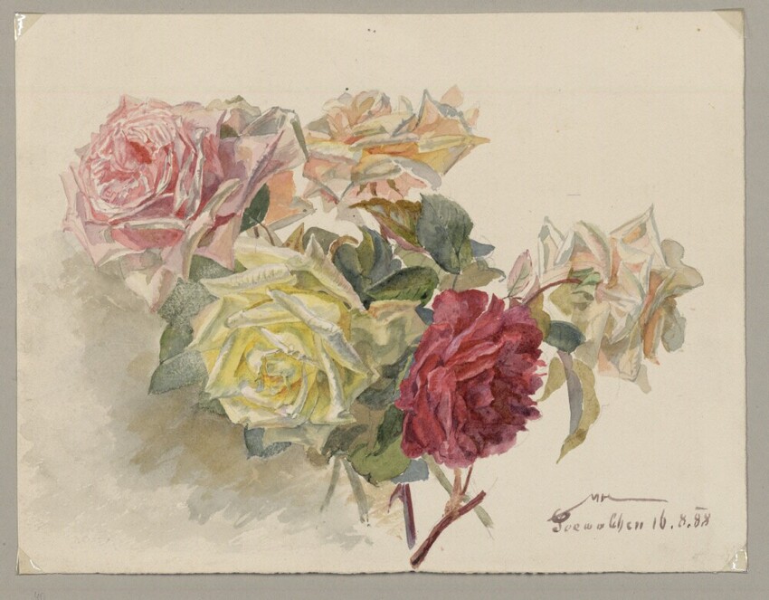 Marie Lippert-Hoerner (Wien 1860 - 1932 Wien) | Drei gelbe und zwei rosa Rosen | Displayed motifs: Rose, Angel, Flower, Miter, 