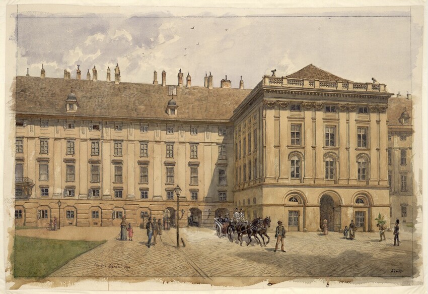 Edmund Krenn (Österreich, 1845/46 - 1902) | Die kaiserliche Burg in Wien, 1A. Bild: Vom Balkon bis zum Rittersaal | Displayed motifs: Building, Latin cross, 