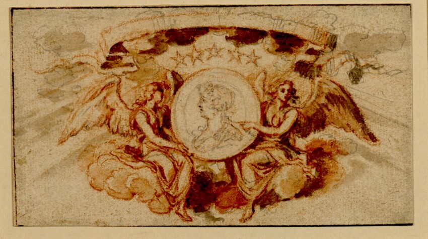 Sébastien Le Clerc (Metz 1637 - 1714 Paris) | Entwurfzeichnung für eine Vignette | Displayed motifs: Angel, Person, Human face, Woman, 