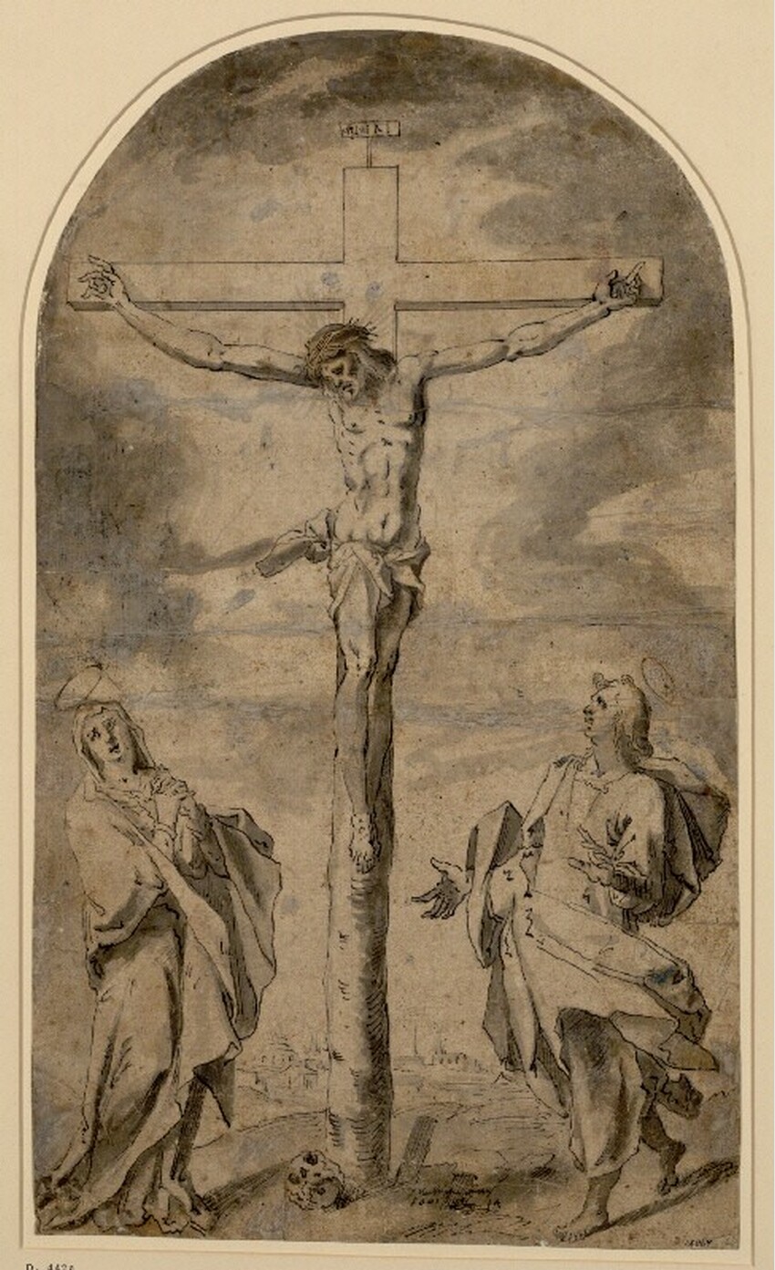 Hans von Aachen (Köln 1552 - 1615 Prag) | Christus am Kreuz zwischen Maria und Johannes | Displayed motifs: Crucifixion, Halo, Thorn crown, Wound, Human face, Veil, Person, 