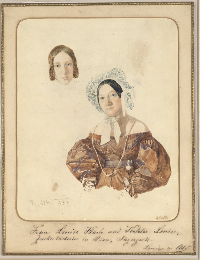 Rudolf von Alt (Wien 1812 - 1905 Wien) | Bildnis der Zuckerbäckerin Louise Flach und ihrer Tochter Louise | Displayed motifs: Halo, Human face, Woman, Clothing, Person, 